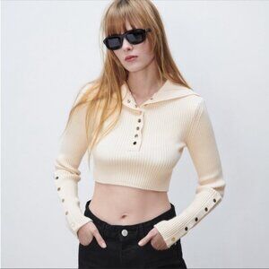 ZARA Ribbed Polo Collared Crop Top